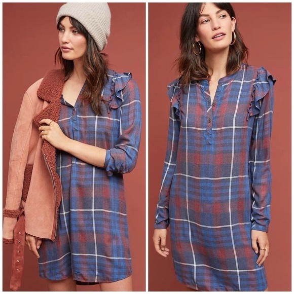 Anthropologie Cloth & Stone Plaid Ruffled Shirtdress Size Small - Picture 1 of 6